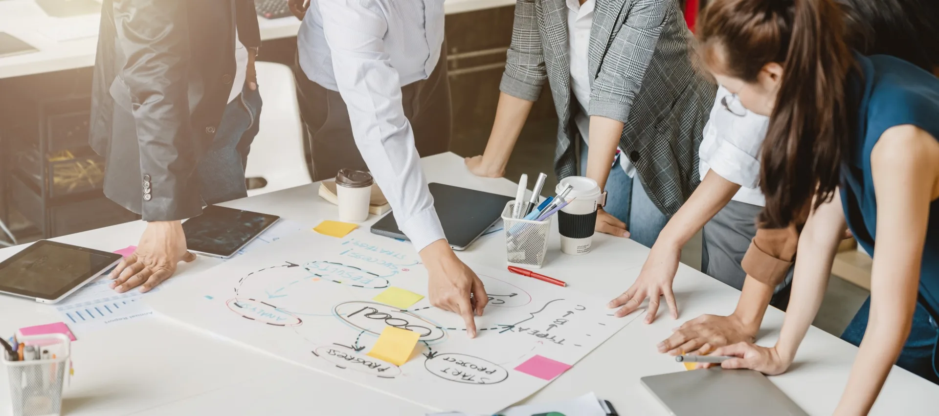 Gemeinsamer Workshop an einem Tisch mit Skizzen und Notizen